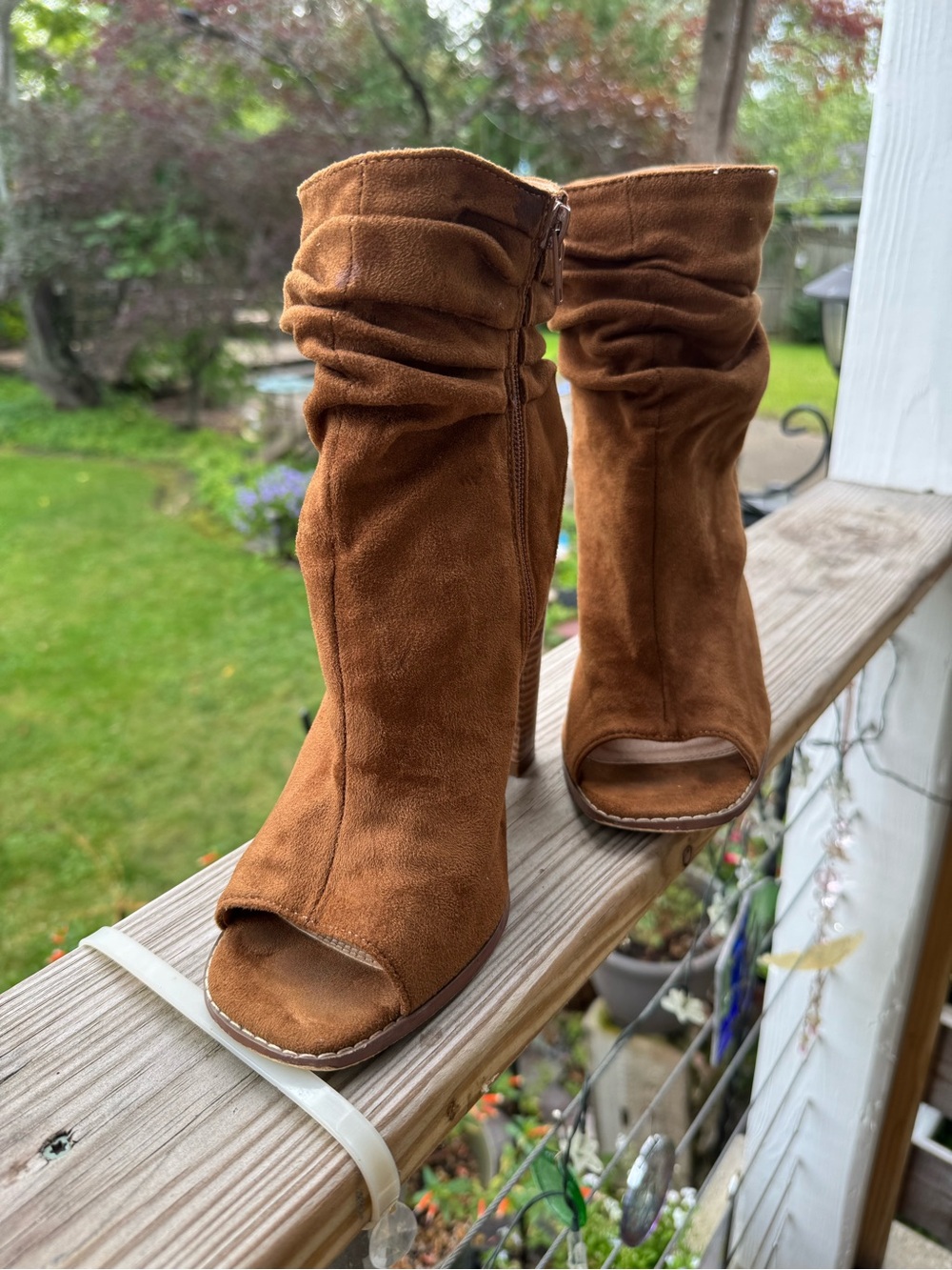 VENUS Brown Faux Suede Open-Toe Slouchy Mid-Calf Heeled Boots
